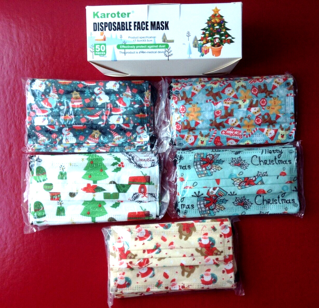 Face Masks, Disposable, Christmas Holiday by Karoter 3 Ply Kids Size ~ 50 Piece