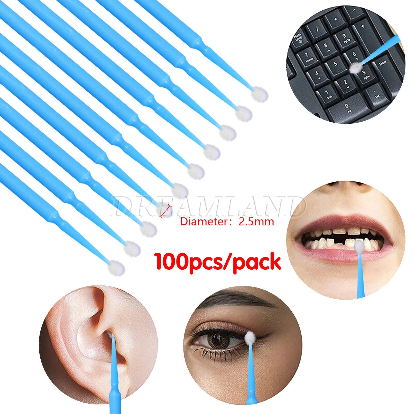 100Pcs Dental Swabs Disposable big Applicator Brush Stick 2.5mm blue u