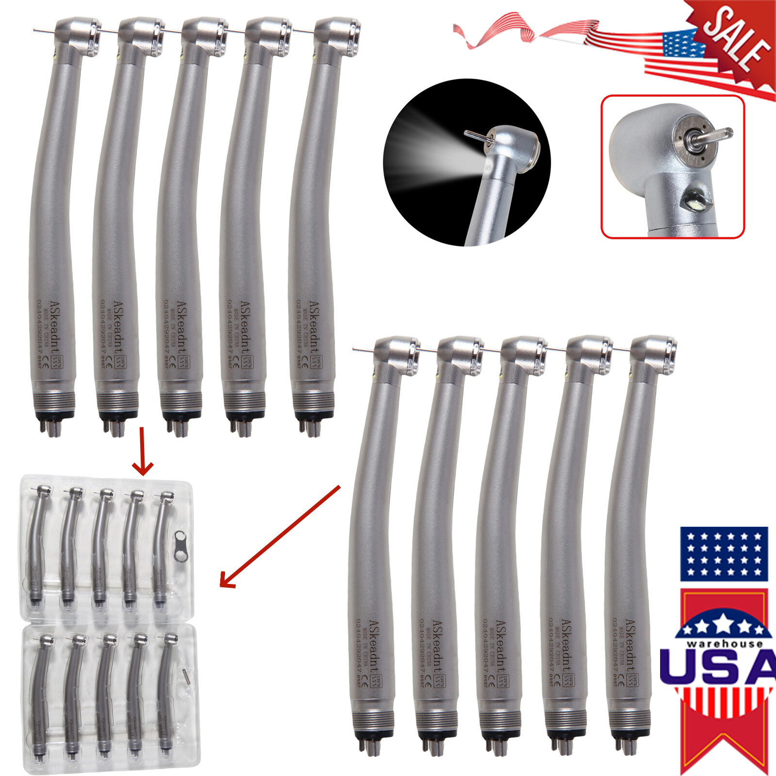 10pcs/1Box Askeadnt Dental LED E-generator High Speed Handpiece 4Holes NSK Style