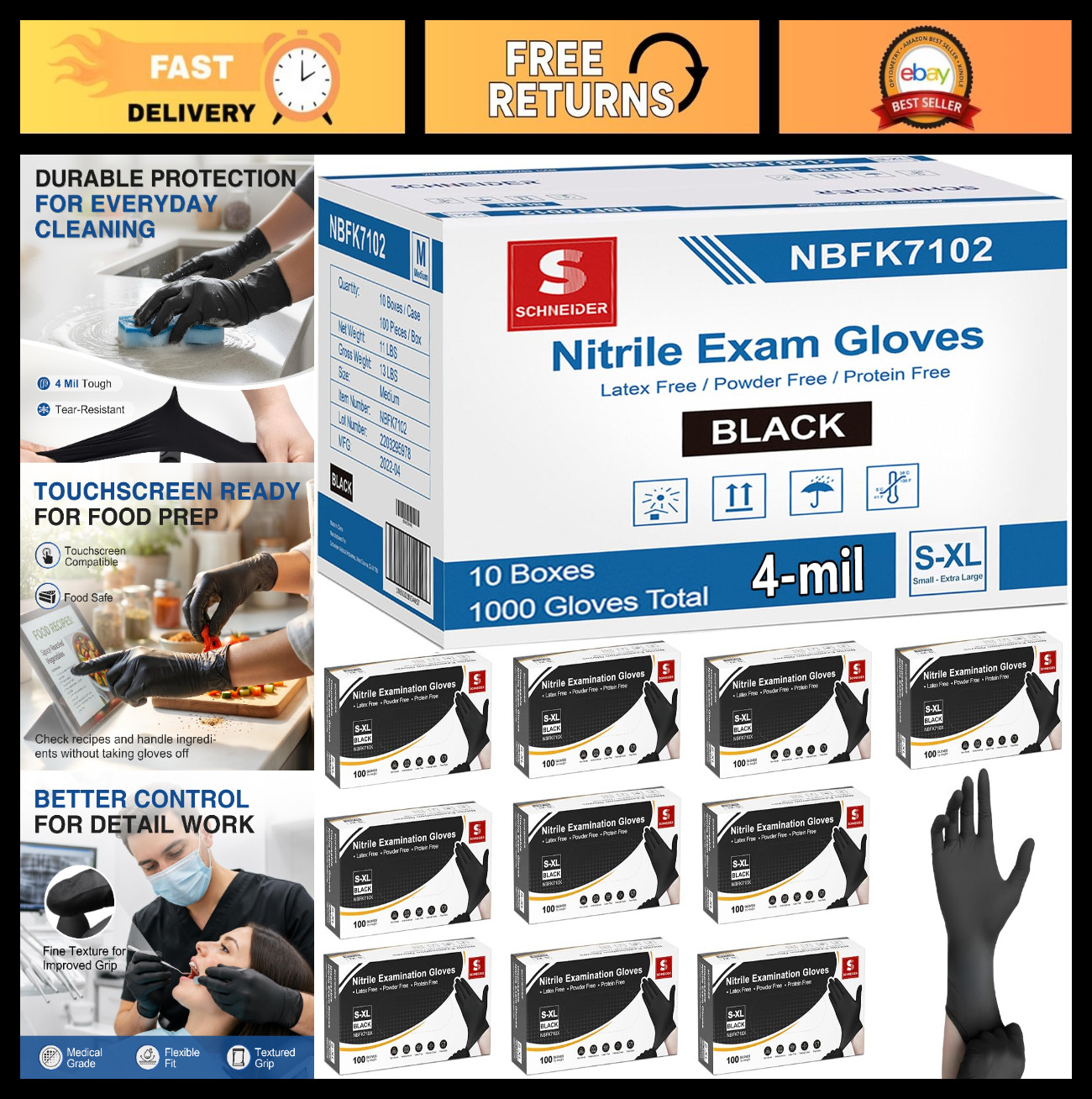 Disposable Nitrile Exam Gloves 4 Mil Black – Latex Free, Powder Free, Food Safe