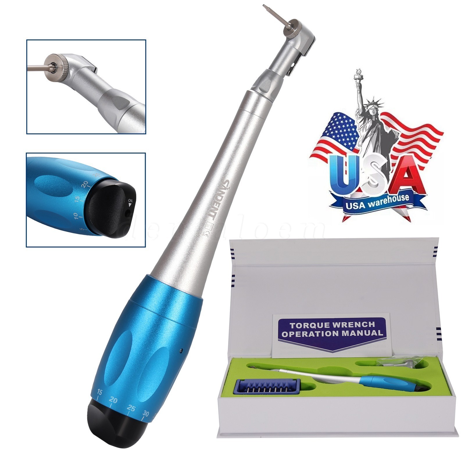 Dental Universal Implant Kit Torque Wrench Contra Angle & 16pcs Drivers Blue