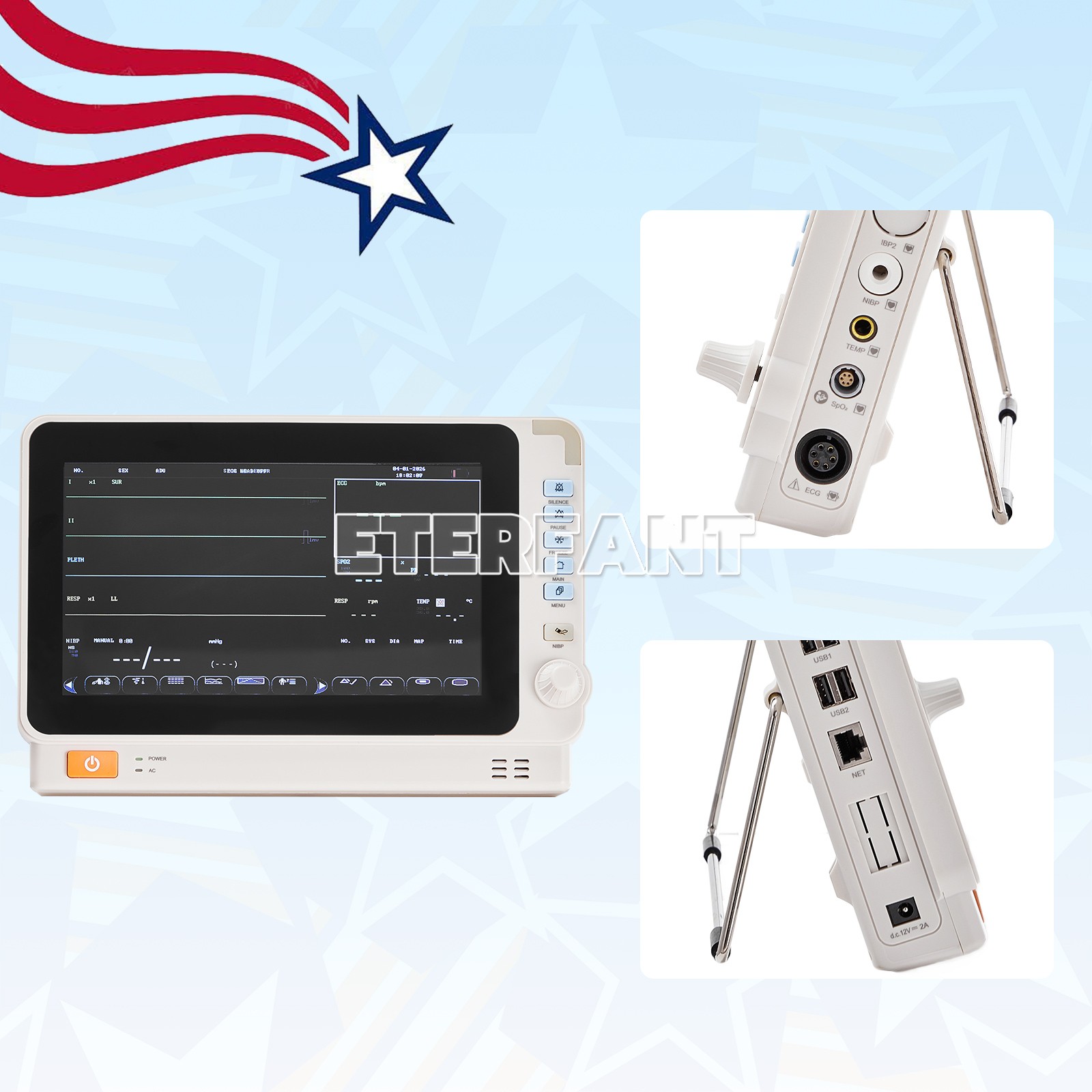 10-inch Portable Multi-parameter Vital Signs Monitor ECG NIBP SPO2 TEMP RESP