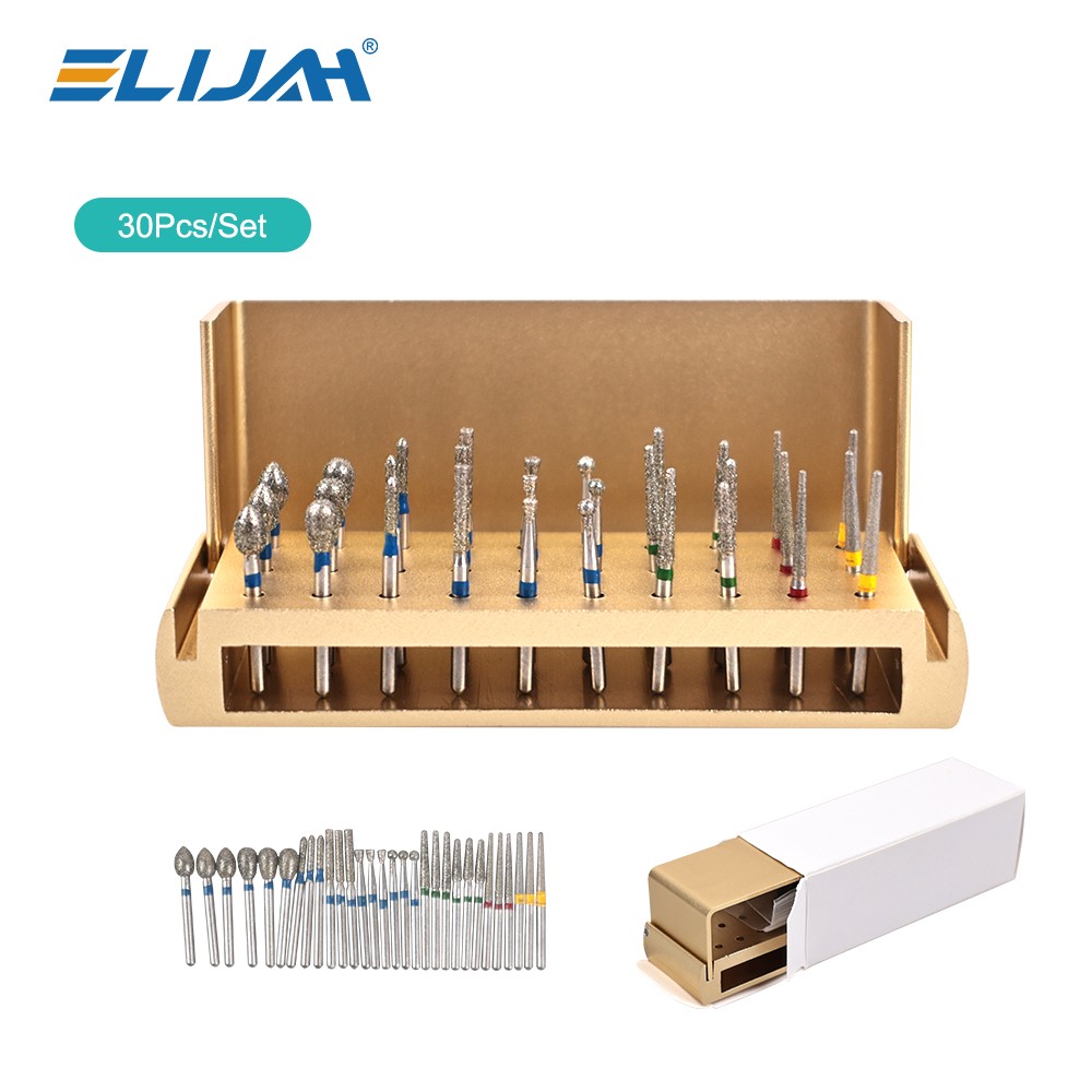 IN US-30Pcs Dental Diamond Burs Drill+Disinfection Bur Block HighSpeed Handpiece