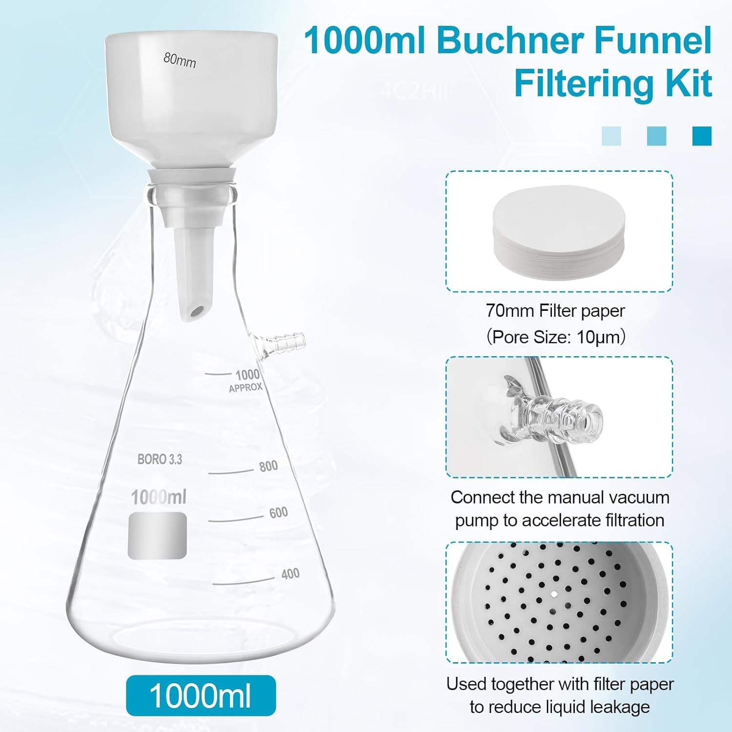 500/1000ml Buchner Lab Funnel Filtering Vacuum filter flask Hand Pump Optional