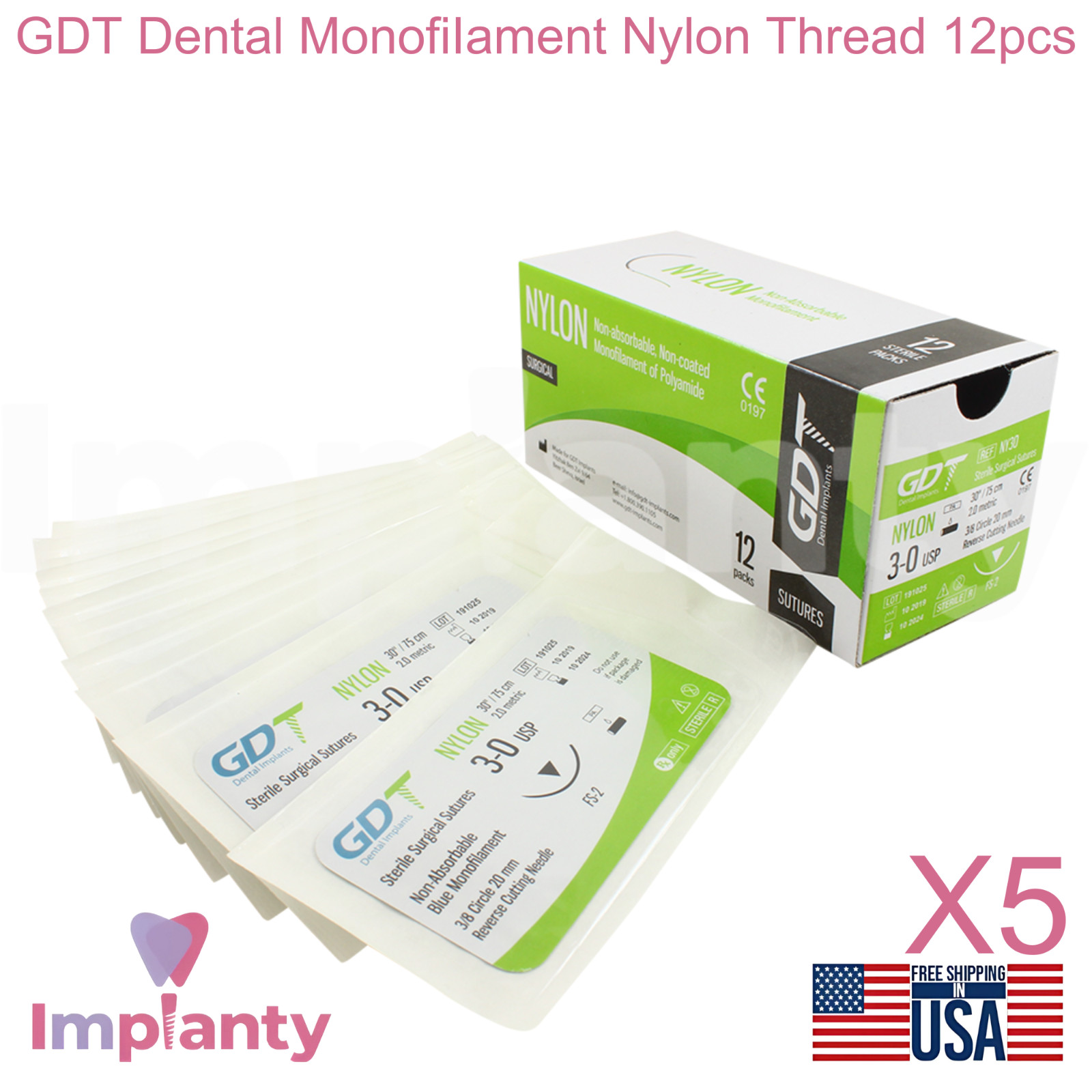 5x GDT Dental Mon0fiIament Nylon Thread 12pcs Blue SteriIe Individual Packs 75cm