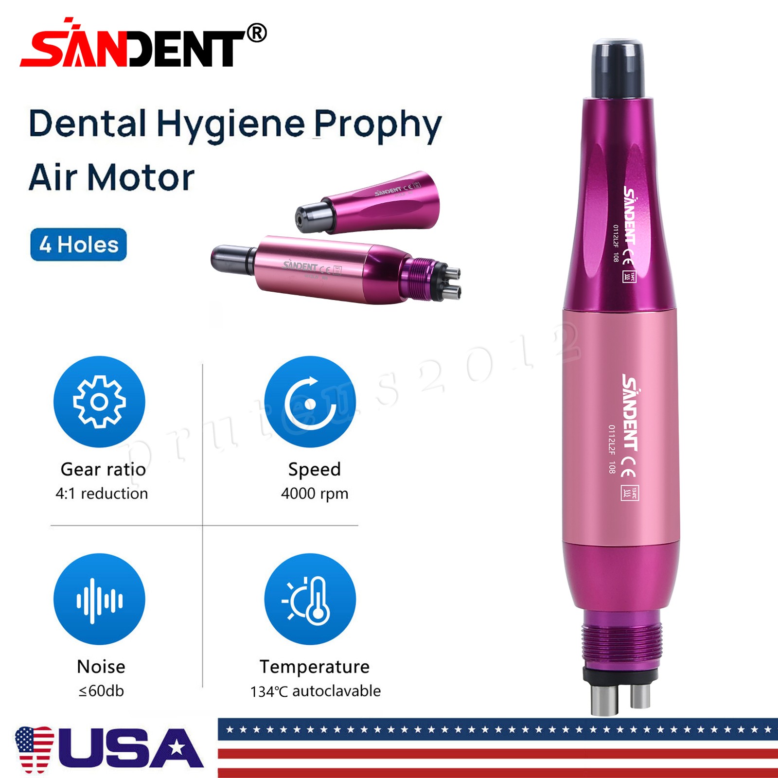 Dental Hygiene Prophy Handpiece Air Motor 4 Holes 4:1 Nose Cone 360°Swivel USA