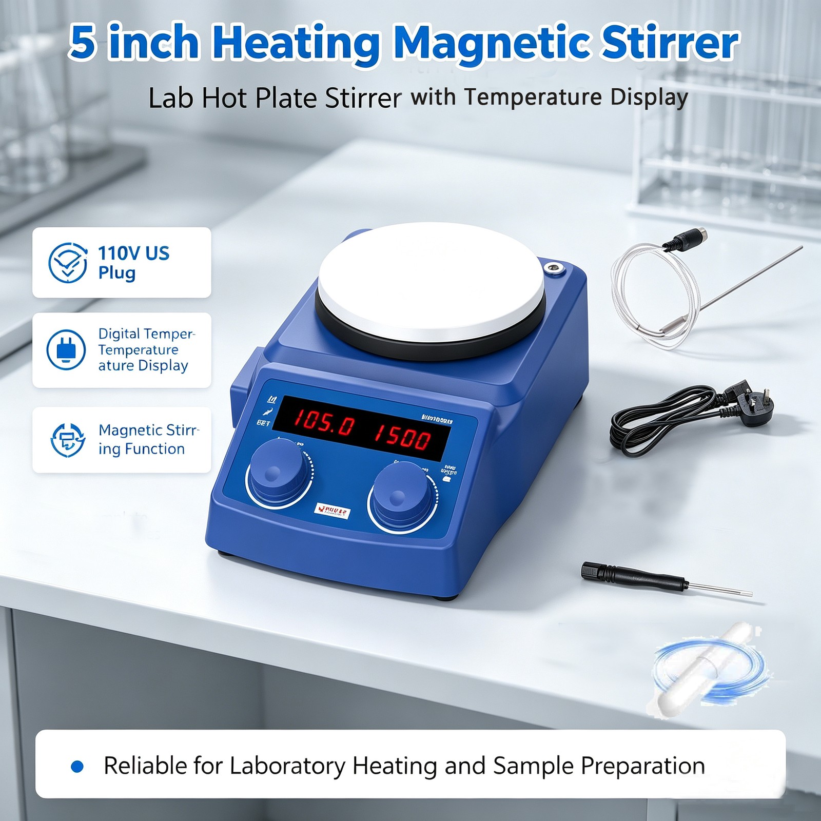 Magnetic Stirrer Hot Plate Lab Heating Plate 5Inch Lab Mixer w/ Stir Bar 600W