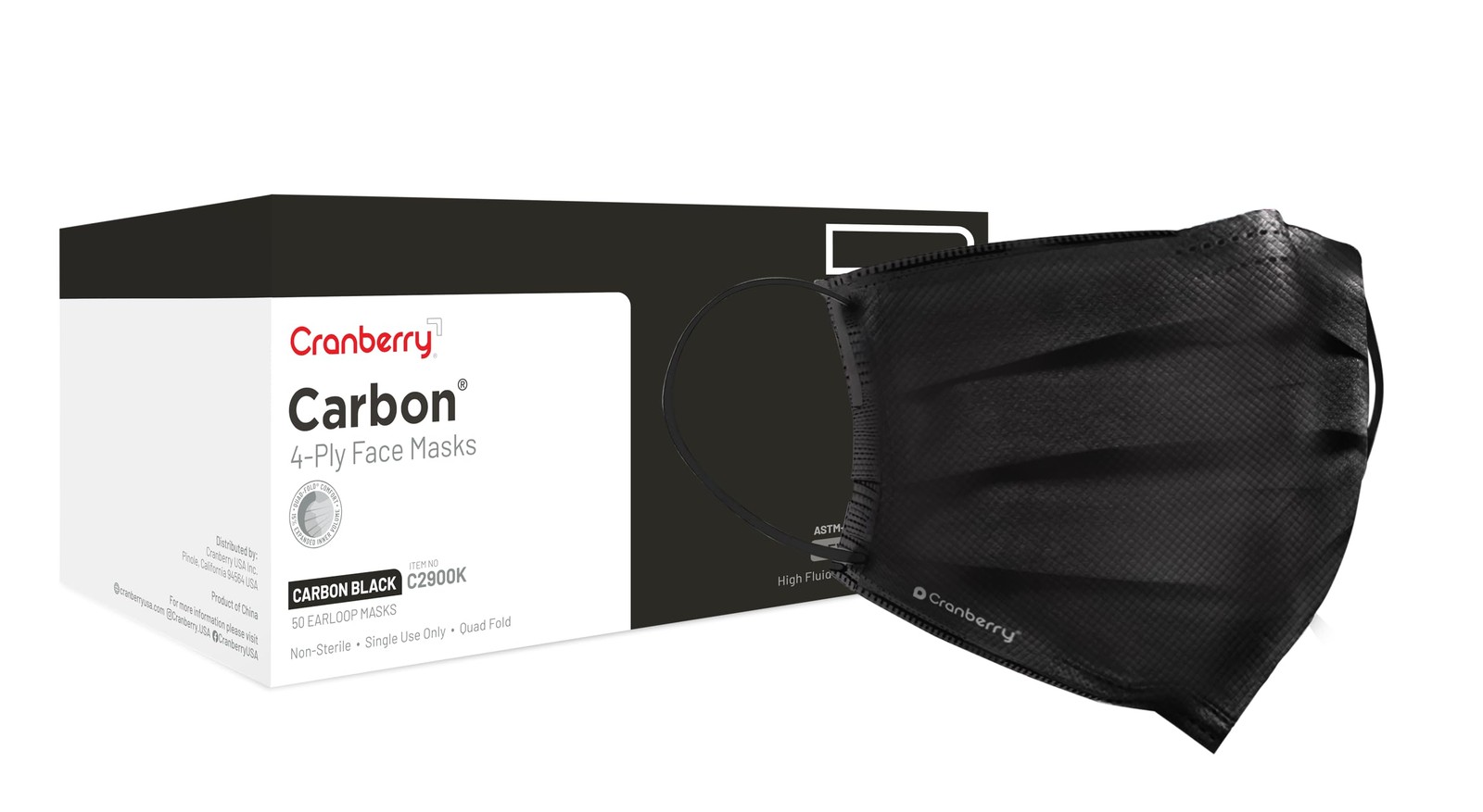 Cranberry USA Carbon Black Face Masks, Disposable, 4-ply, Elastic Earloops, M…