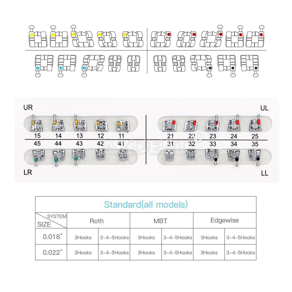 AZDENT Dental Orthodontic Brackets Braces Standard Roth/MBT 018/022 Hooks 3/345