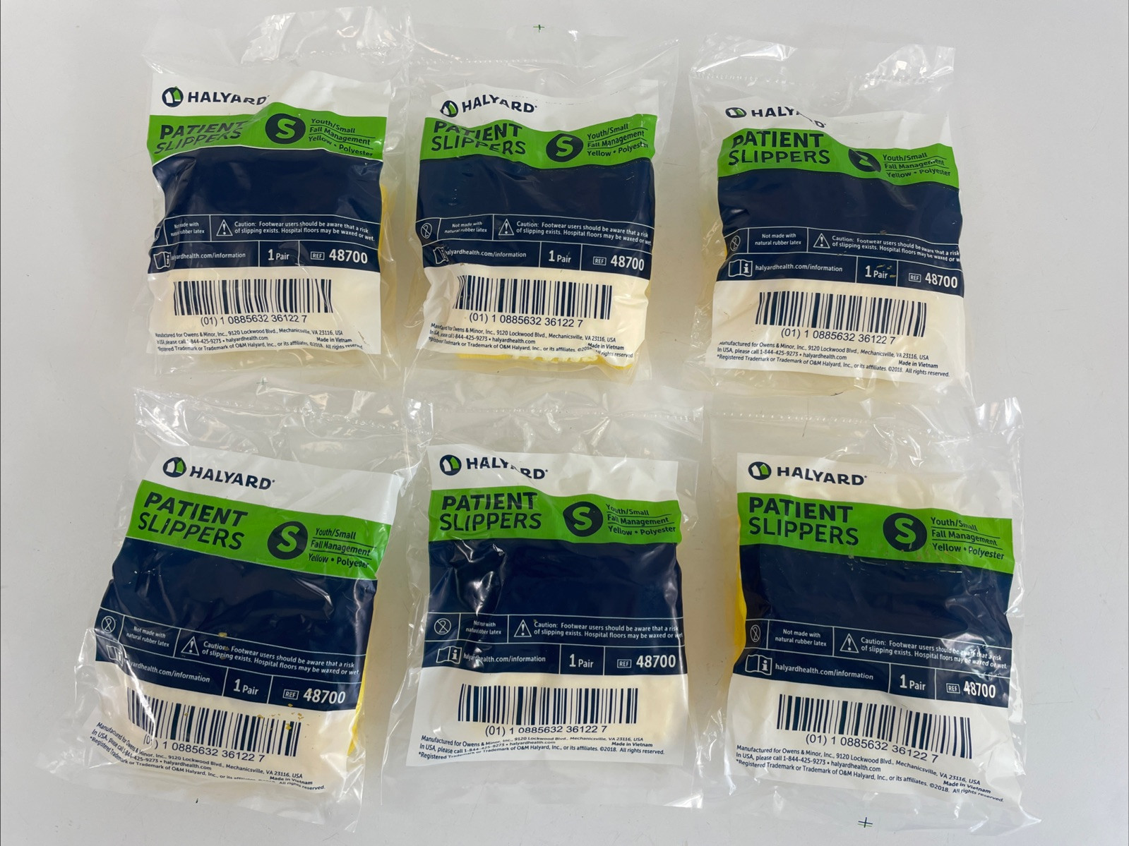 6 Pairs HALYARD 48700 PATIENT SLIPPERS Youth/Small Yellow Non-Skid