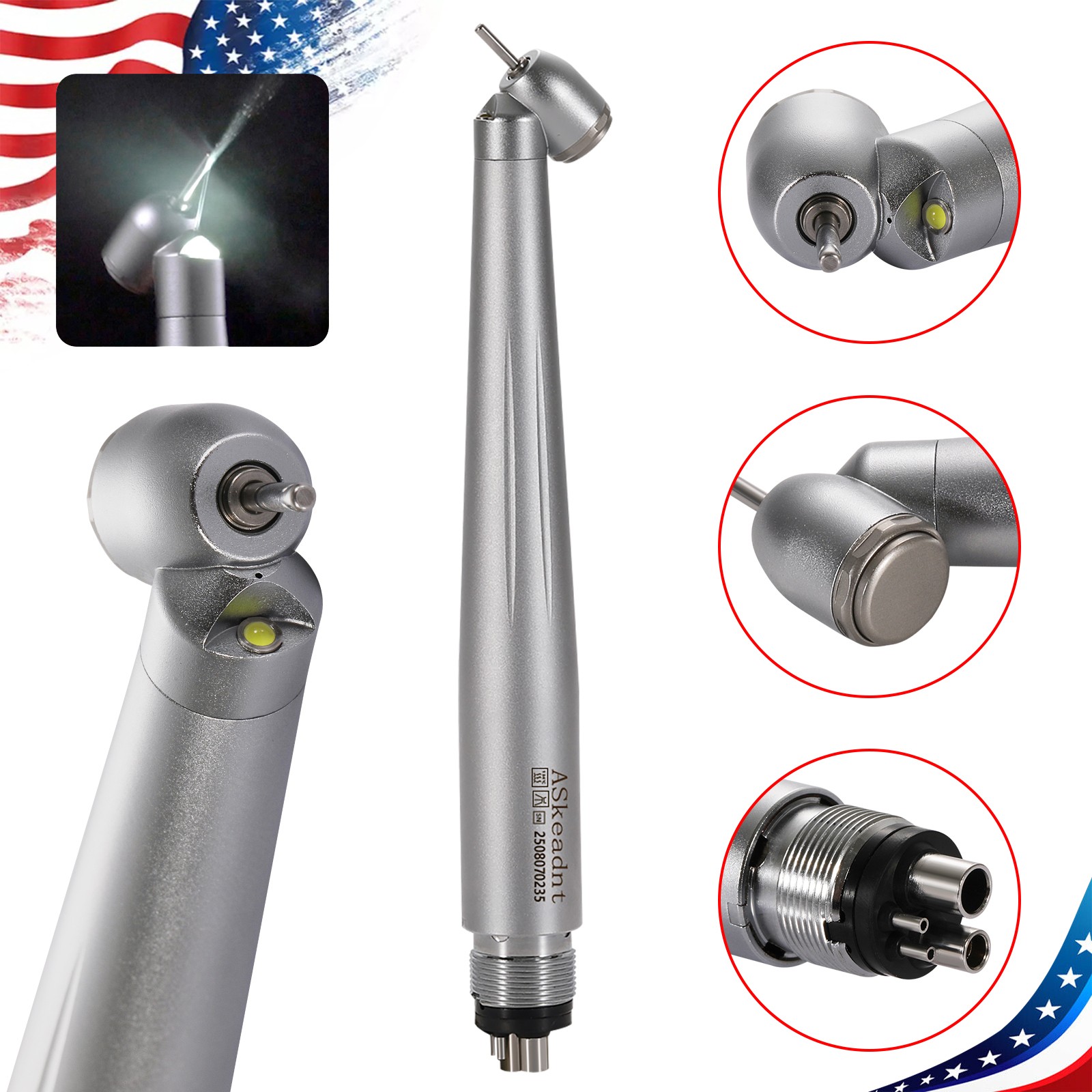 Askeadnt Dental 45 Degree Surgical High Speed Handpiece Push Button LED 4 Holes