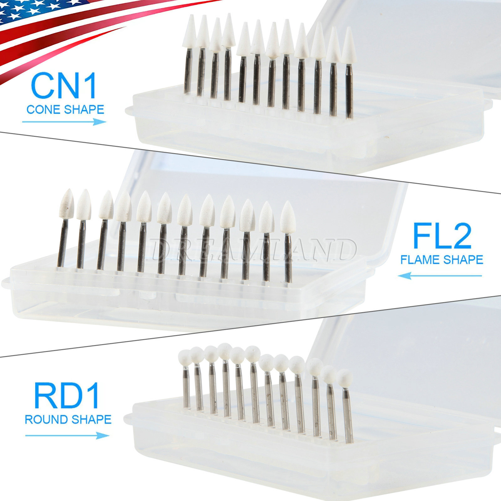 Dental White Polishing Stones Flame Cone shape FG bur Arkansas Stone FL2 CN1 RD1