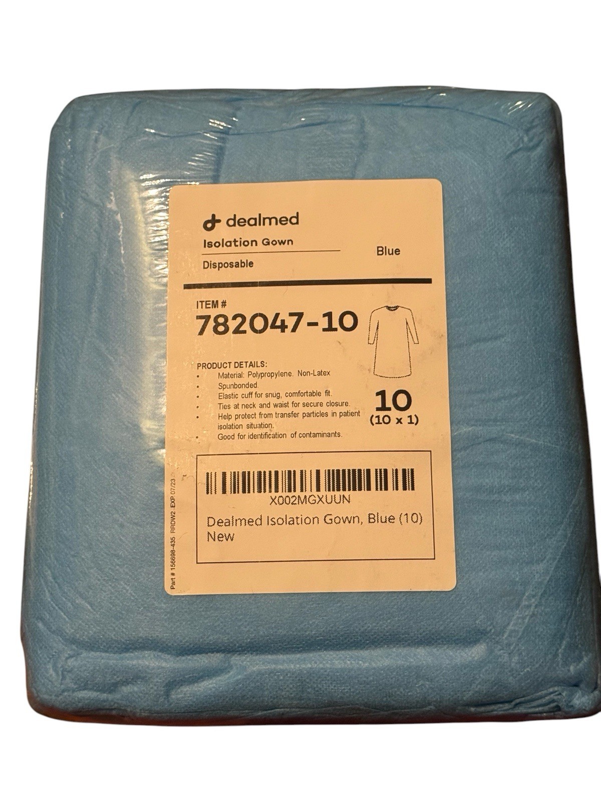 Dealmed Isolation Gown Blue Disposable 10 Pack Polypropylene Non Latex NEW