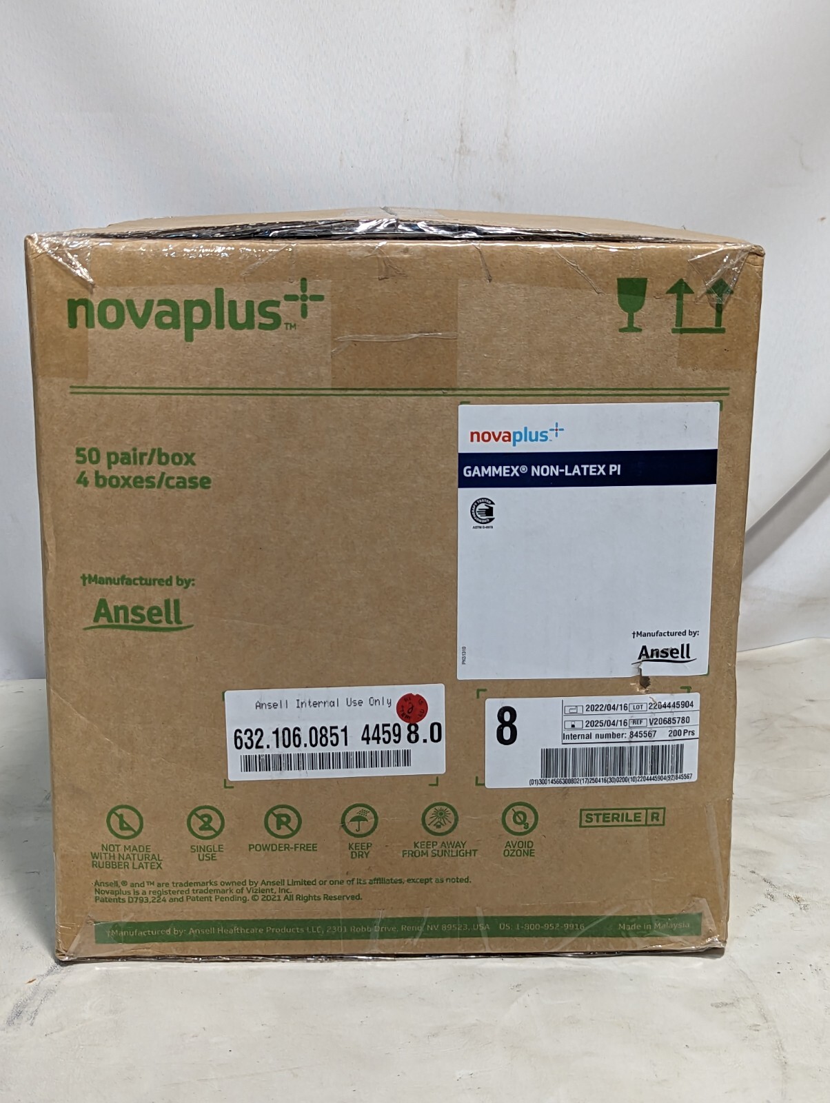Case of Ansell V20685780 novaplus Gammex non-latex PI, 50 pair/box, 4 boxes/case