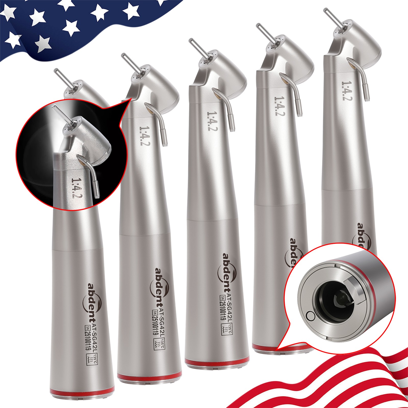 5 PCS Dental 1:4.2 LED 45°Angle Head Contra Angle Handpiece External Water
