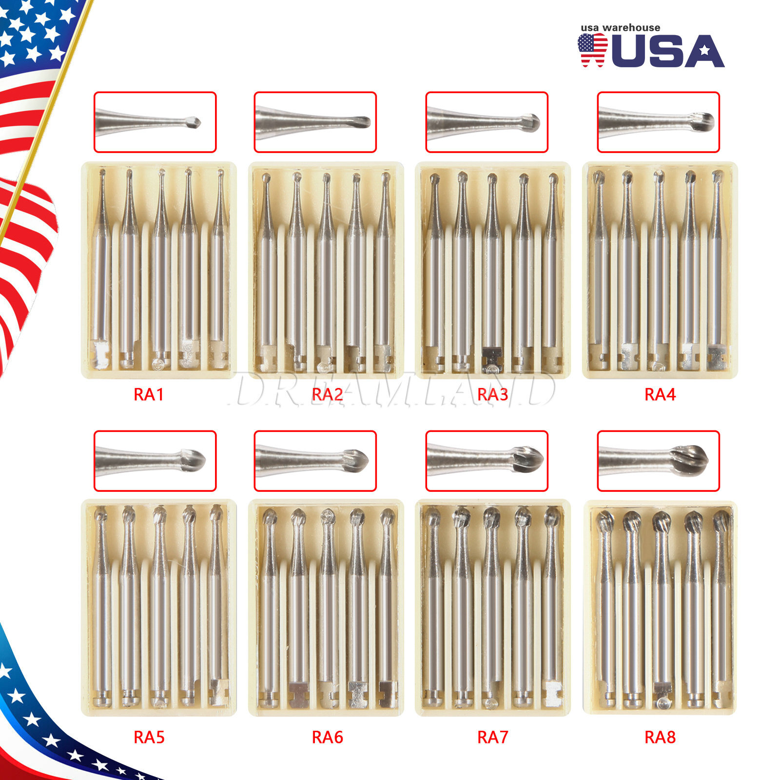 8 Types Dental Round Carbide Bur for Slow Speed Latch Type RA 1# – 8# Burs USA