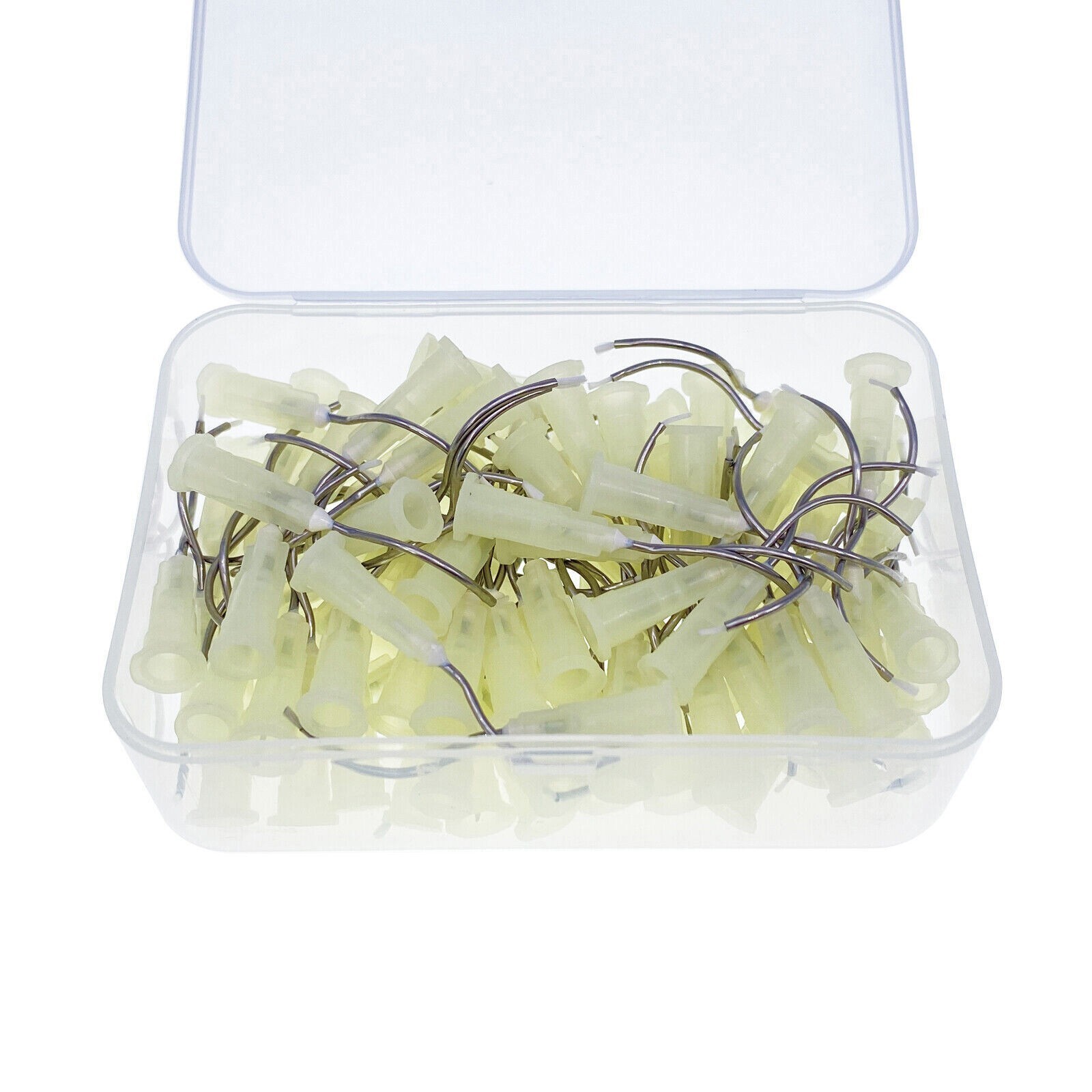 100Pcs Dental Delivery Tips Pre bent Needle Tip with Brush Padded End Yellow 19G