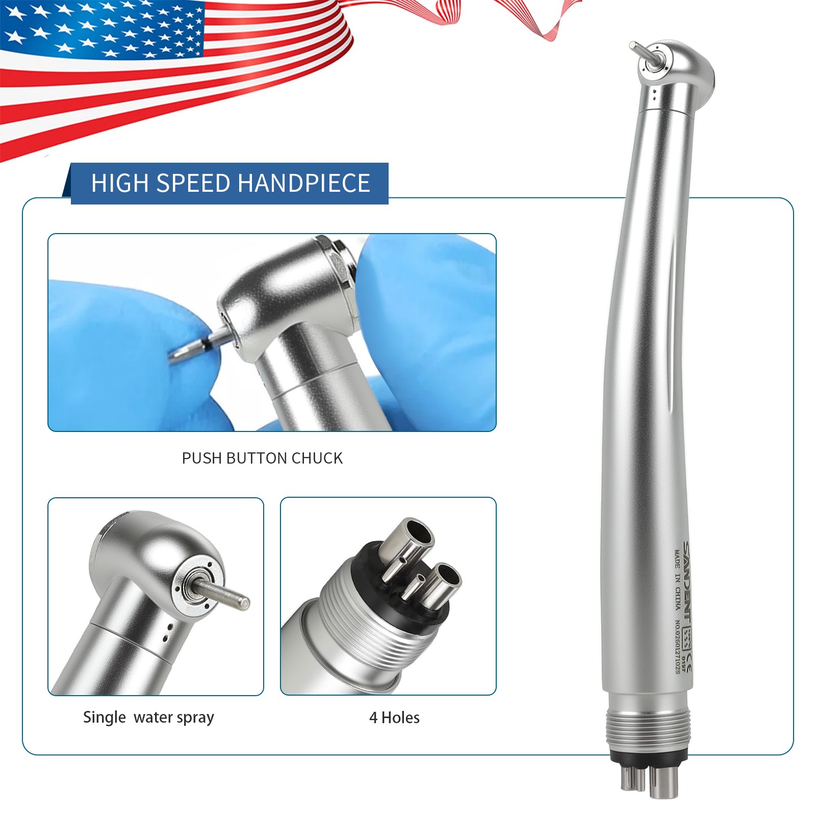 10 SANDENT NSK Style Dental High Speed Handpiece Push Button Standard 4 Hole M4