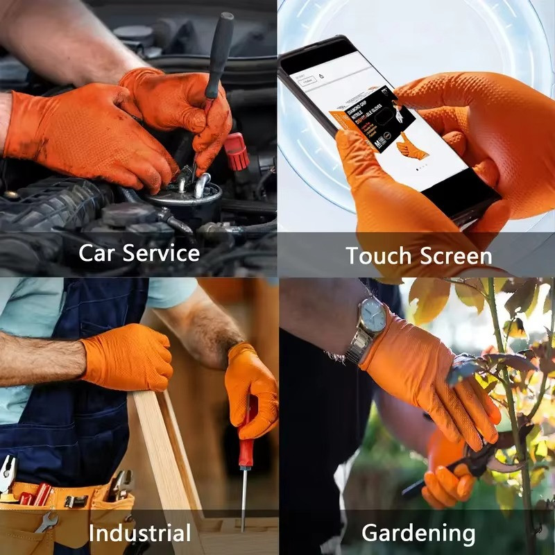 Orange Nitrile Disposable Gloves Strong Heavy Duty Diamond Orange 10PCS M
