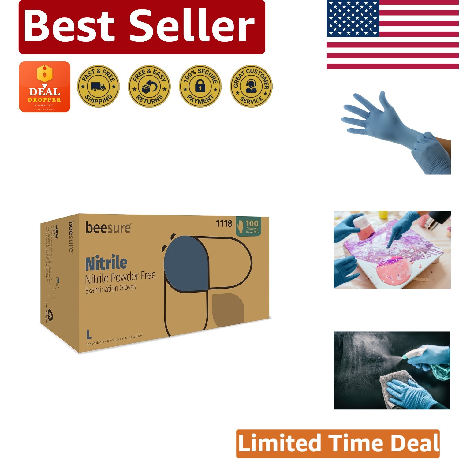 Nitrile Powder-Free Exam Gloves, Large Pack of 100 for Professionals