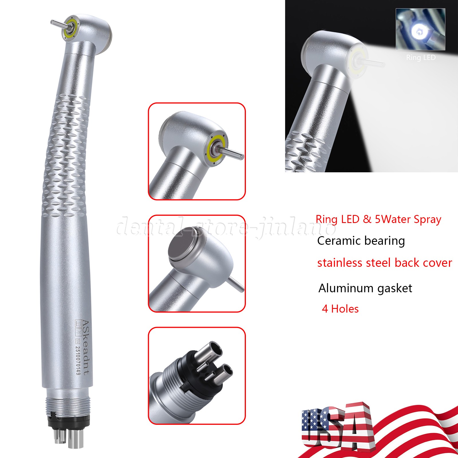 1-10 PCS Dental Shadowless Ring LED High Speed Handpiece 5 Water Spary 4 Holes