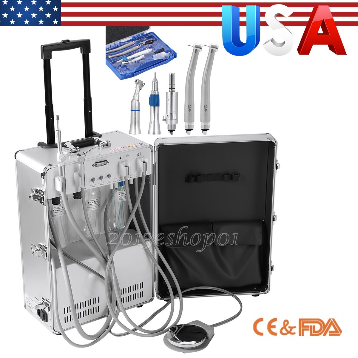 FDA Portable Dental Unit System Built-in Air Compressor Case+ Handpiece Kit