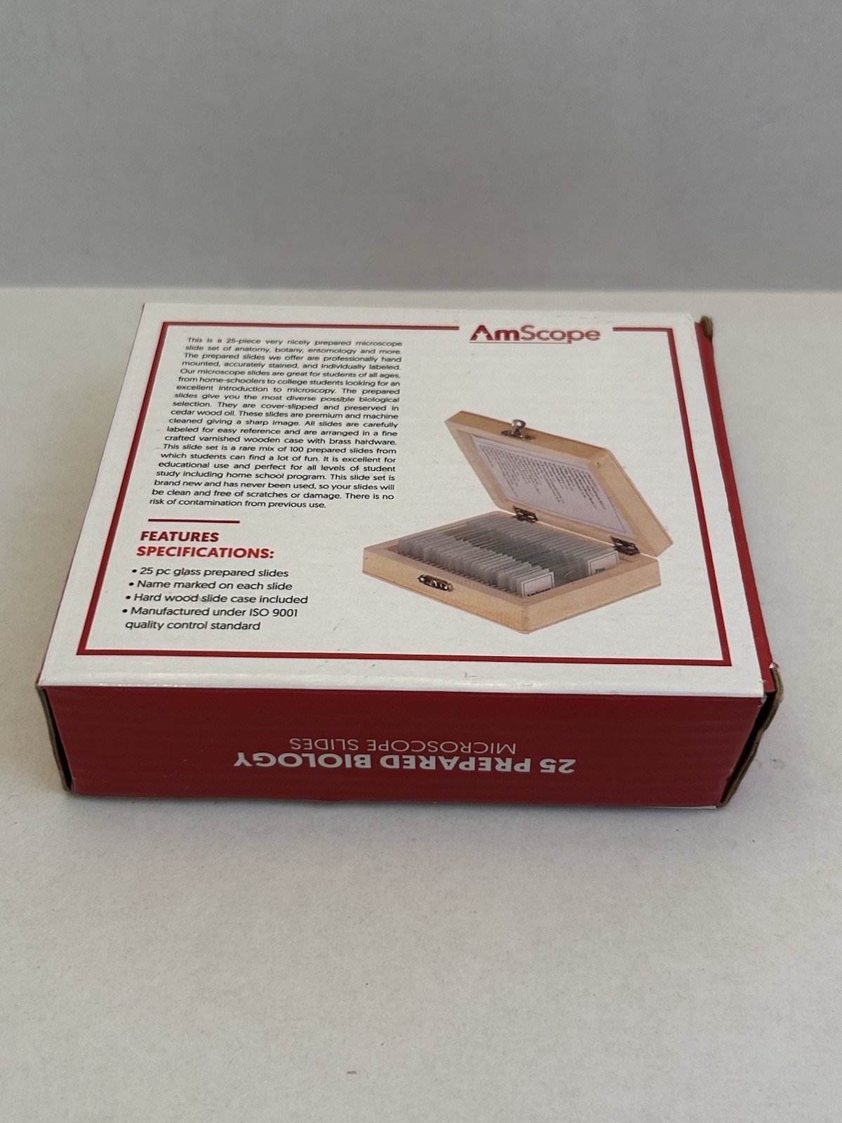 AmScope PS25W 25 Prepared Microscope Slides Glass with Wooden Box Homeschool