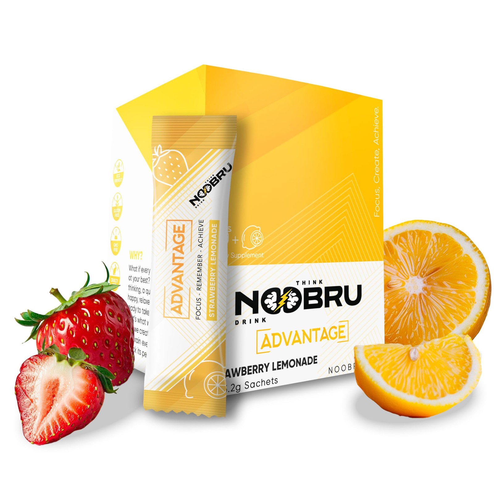 Noobru Advantage Nootropic Brain Supplement 20 Strawberry Lemonade Sachets 1 Mon