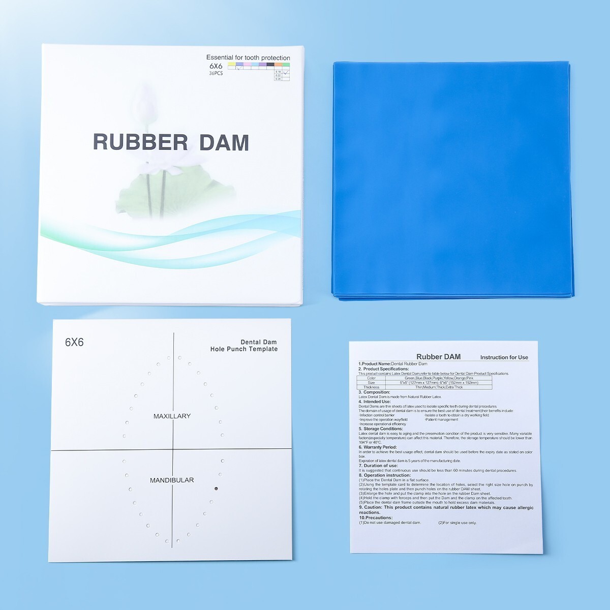 36 pcs/pack Dique dental de goma higiénico mediano 6×6 pulgadas látex natural