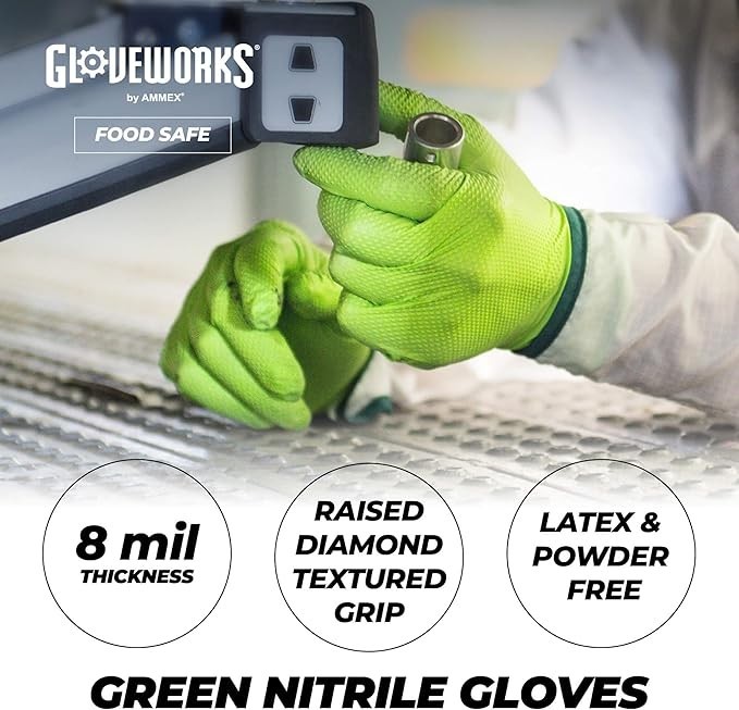 GLOVEWORKS GREEN NITRILE GLOVES LARGE GWGN46100