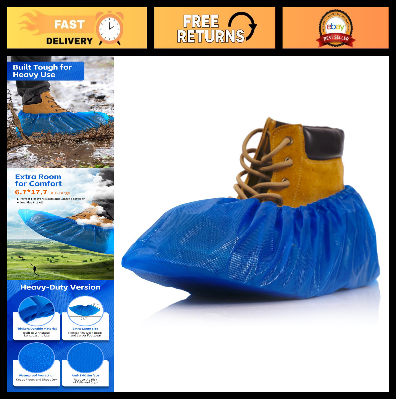 Heavy Duty Disposable Shoe Covers – XL Waterproof Non-Slip Booties, 100 Pack