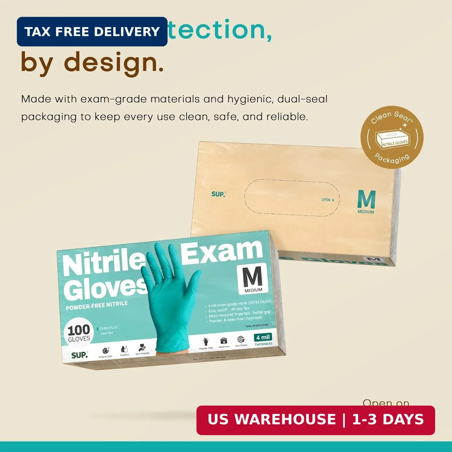 SUP Powder-Free Nitrile Exam Gloves, 100 Count Food Safe Latex-Free Disposable G