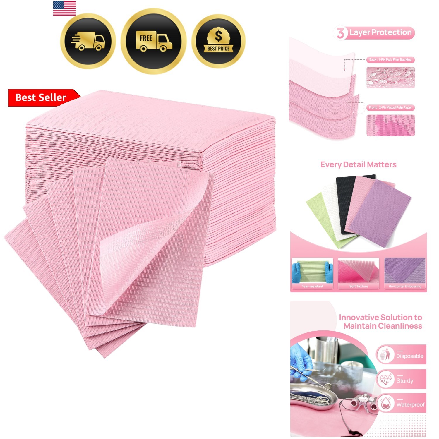 Pink Dental Bibs, 50 Pack 3-Ply Waterproof Disposable Dental Bibs 13″x18″ for…
