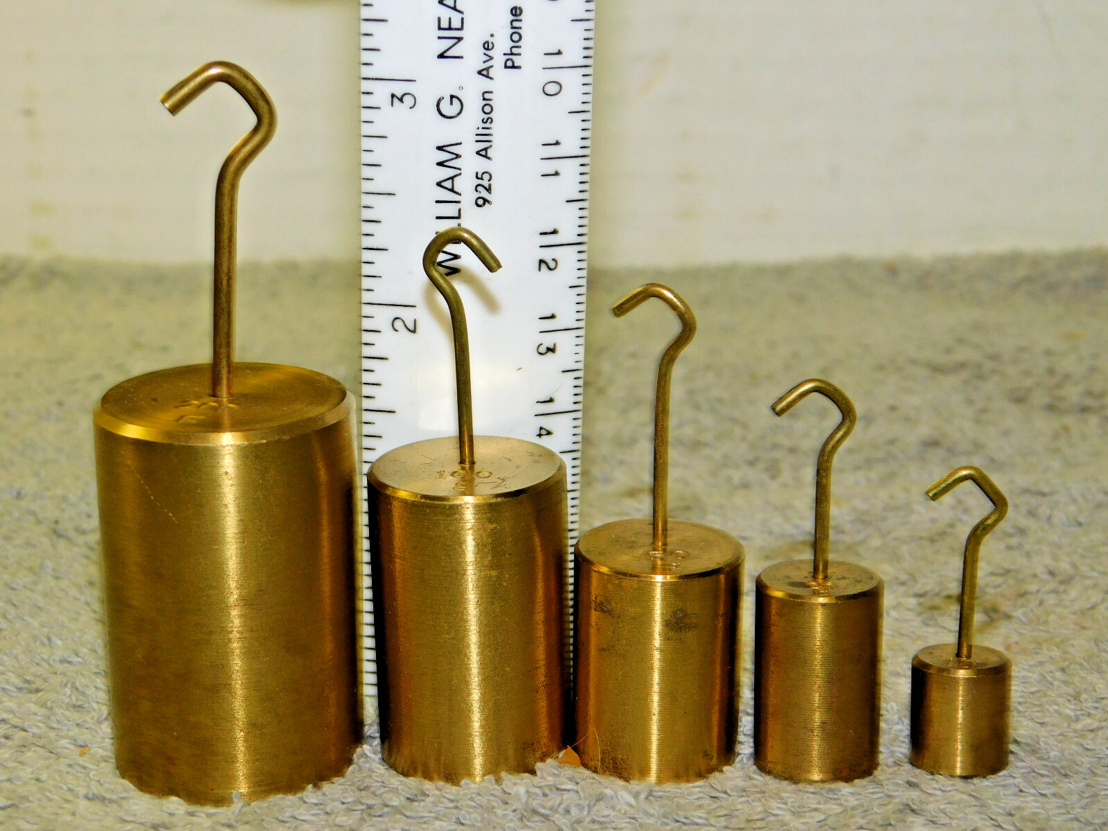 5 Brass Balance Scale Calibration Hook Weights 200, 100, 50, 20, 10 Grams
