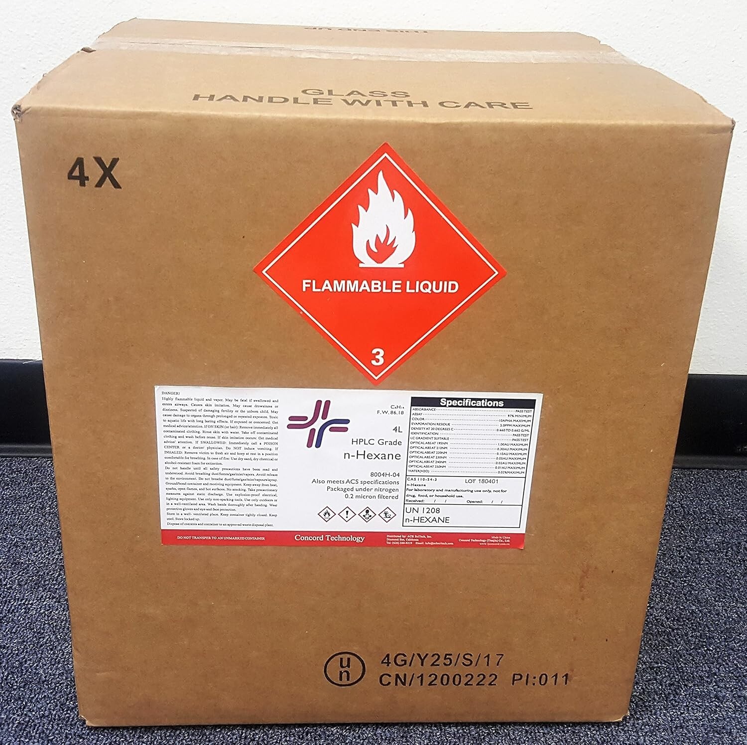 n-Hexane, 97%, HPLC, ACS, 4-Liter, Case of 4