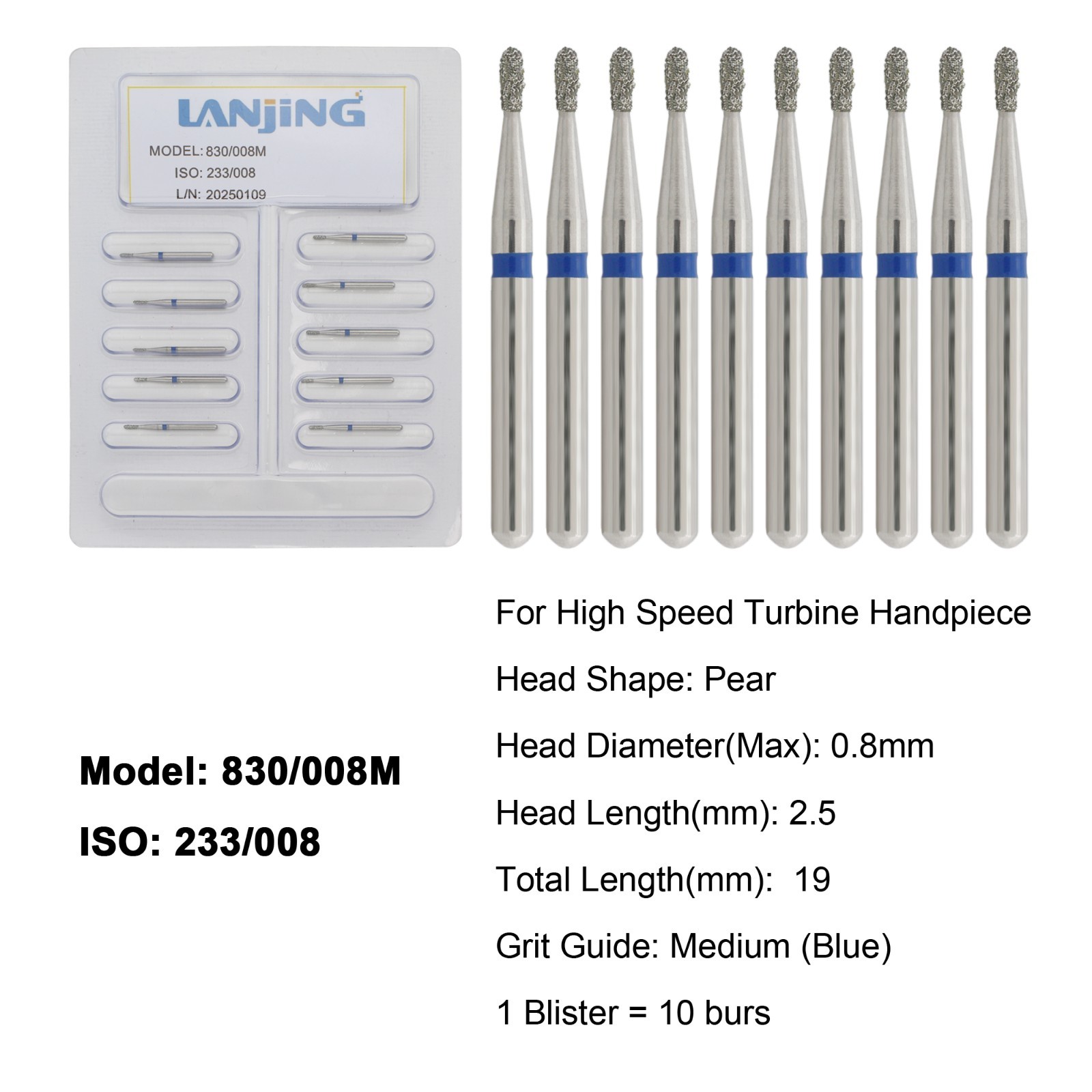 Dental Diamond Burs FG Pear Coarse Medium High Speed Bur Friction Grip 830 830L