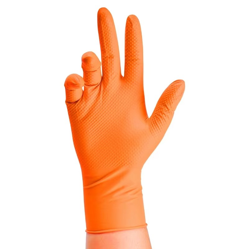 Orange Nitrile Disposable Gloves Strong Heavy Duty Diamond Orange 10PCS M