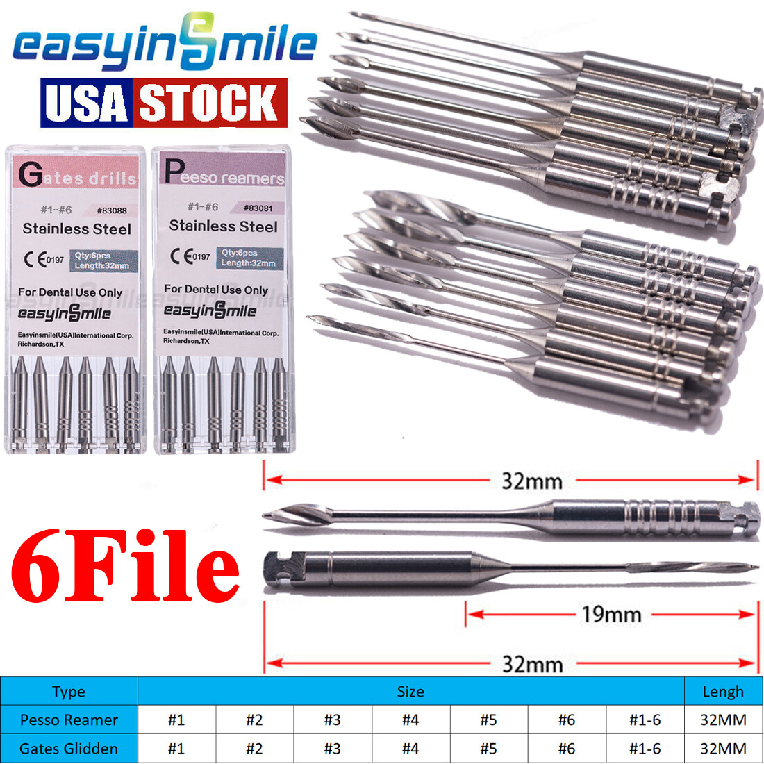 Dental Endodontic Peeso Reamers Glidden Gates Drills Stainless Steel 32MM 1#-6#