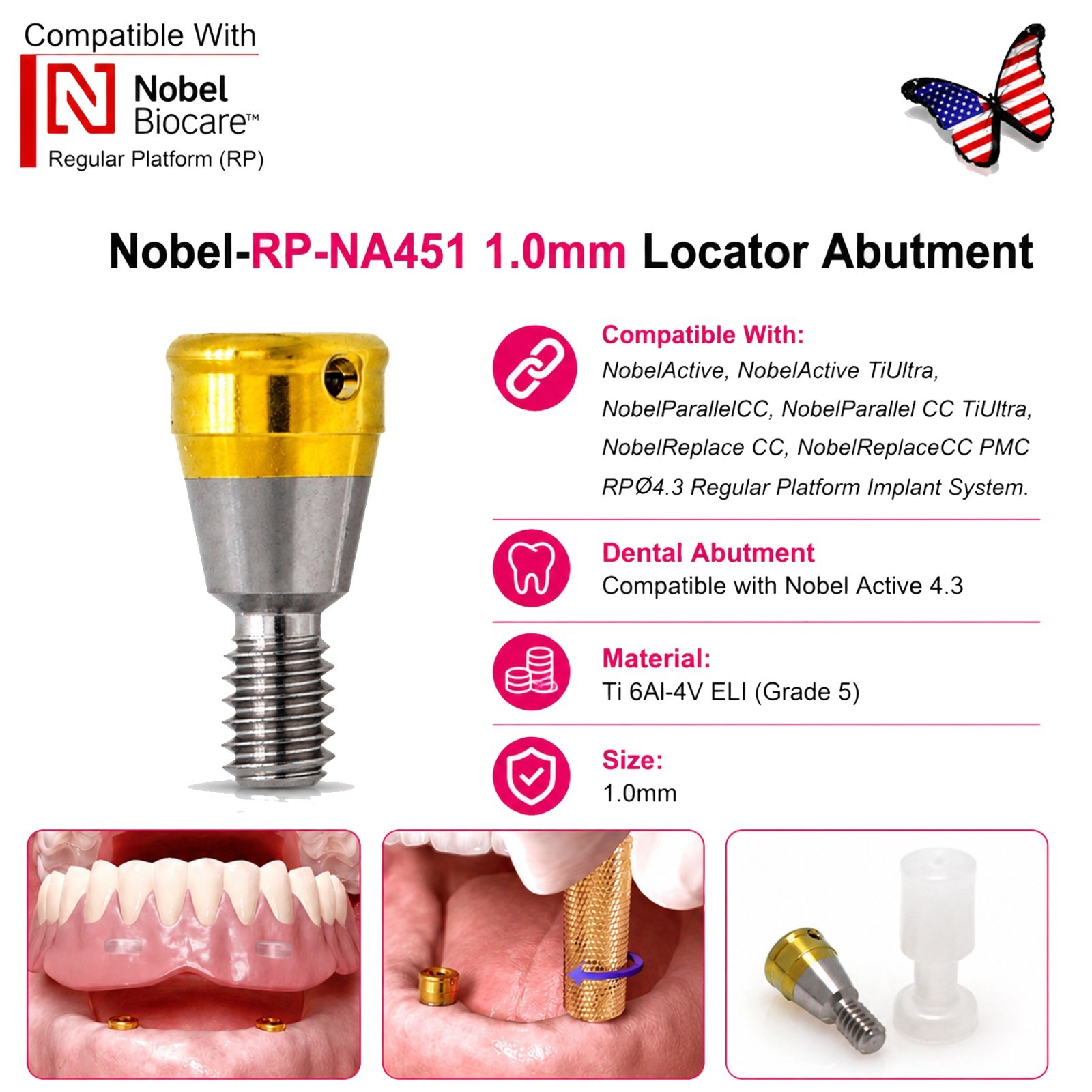 US Nobel Active Locator Abutment & Caps Inserts Kit NP/RP 1-5mm PEEK Retention