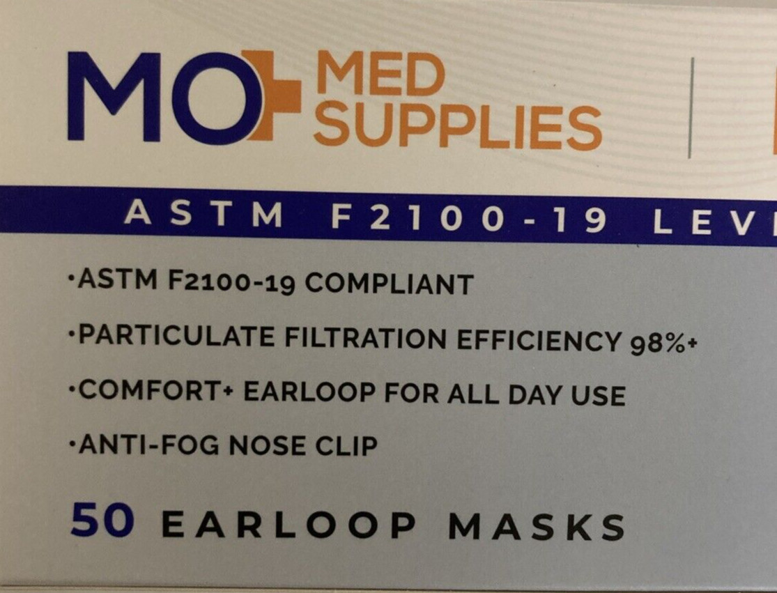 Mo+Med Supplies, Ear-Loop Face Masks, ASTM Level 3, Blue, 50pcs Made in USA