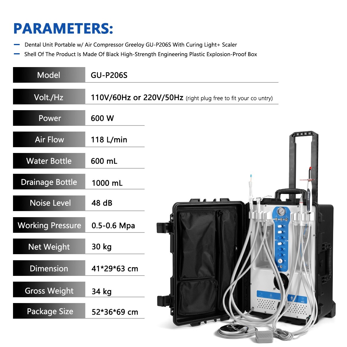 Portable Dental Chair Delivery Unit 600W Oil-Free Compressor 3-Way Syringe P206S
