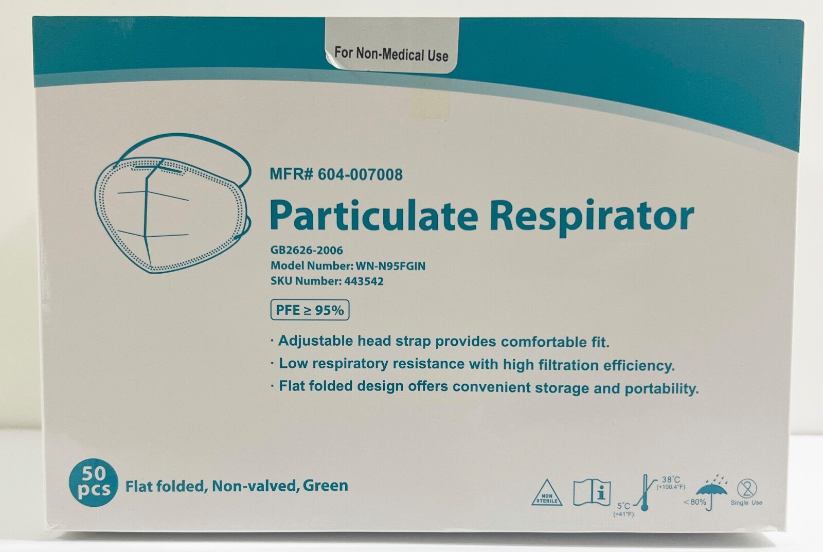N95 Respirator Mask Winner Model WN-N95FGIN 50 Pack For Non Medical Use Mask