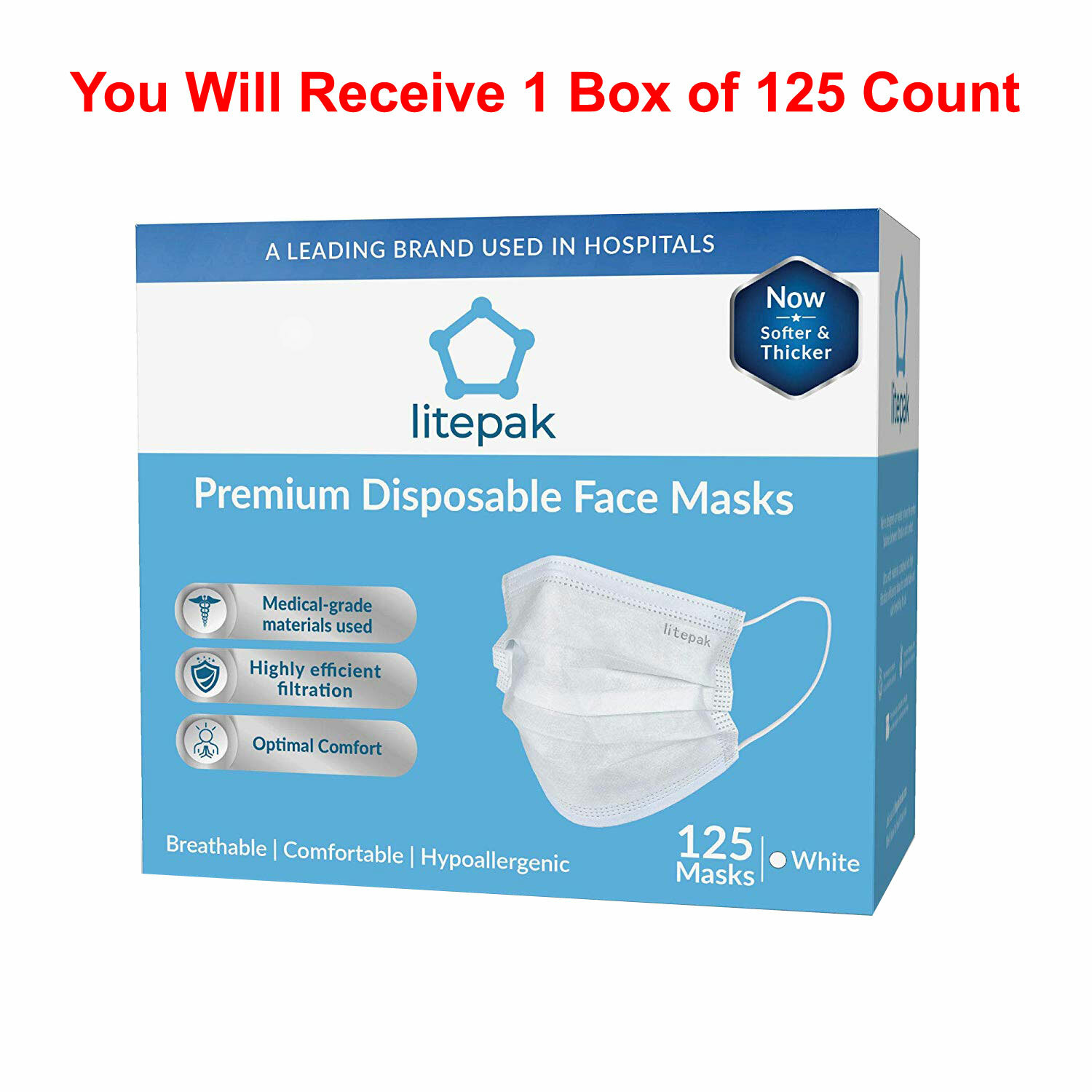 125pcs Litepak 3Ply Disposable White Face Masks Ear Loop Adjustable Nose Piece