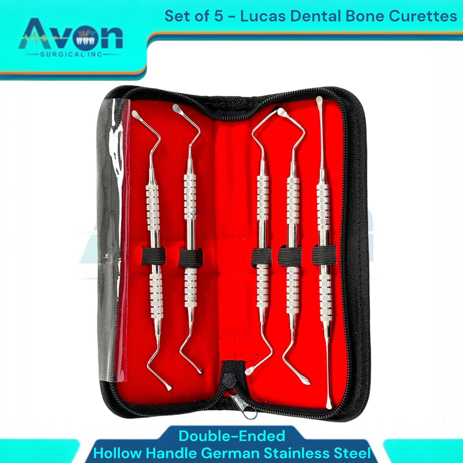 Lucas Dental Bone Curettes, Lightweight Hollow Handle with Storage Case (5 Pack)