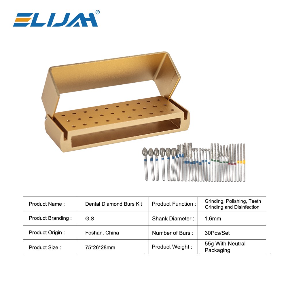 IN US-30Pcs Dental Diamond Burs Drill+Disinfection Bur Block HighSpeed Handpiece