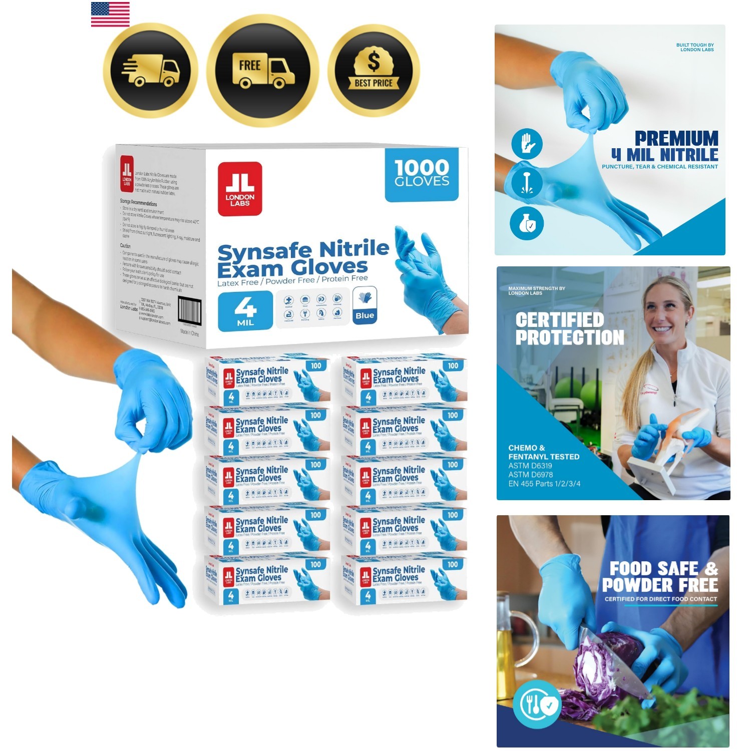Synsafe 4 Mil – Blue Nitrile Exam Gloves –Disposable Latex Free & Powder Free…