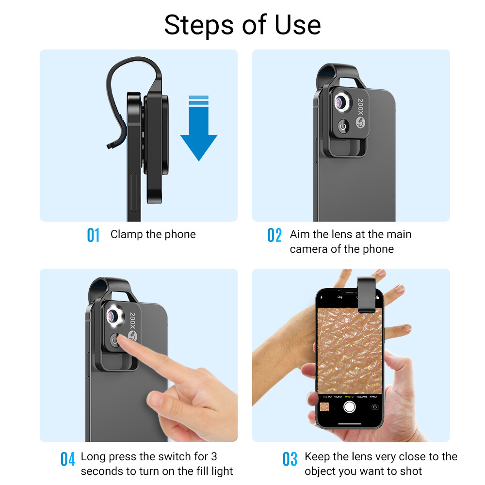 200x Microscope Mini Mobile Phone Magnification Lens with LED CPL Black White