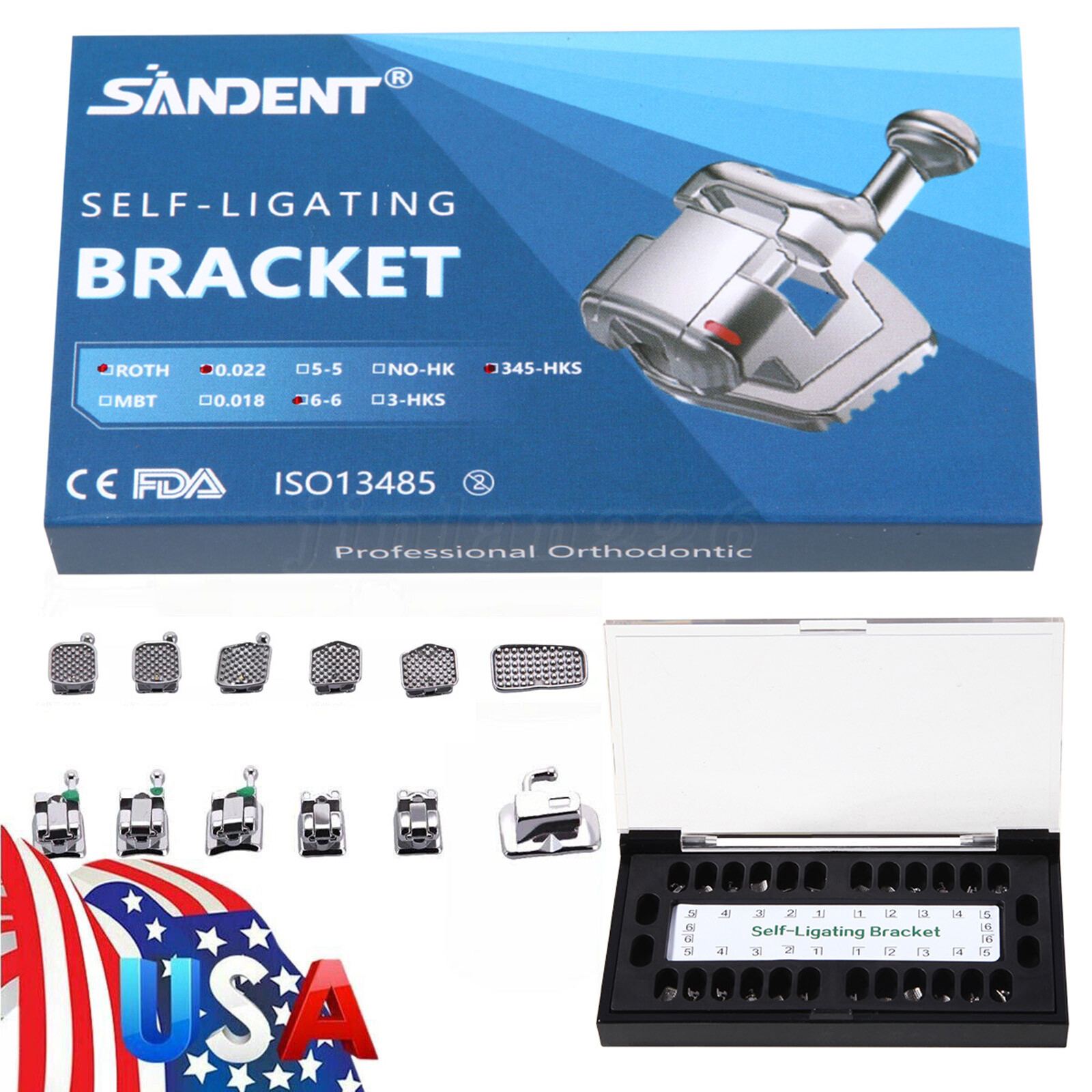 SANDENT Dental Orthodontic Self Ligating Bracket Braces Roth.022 Hooks 345
