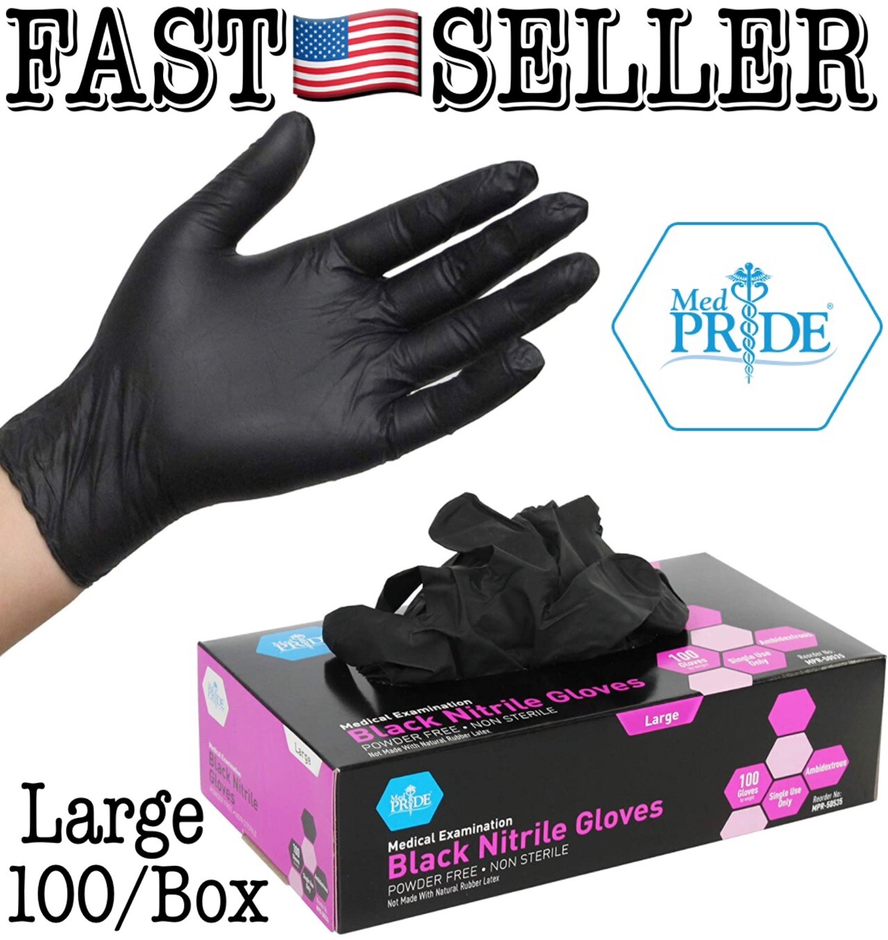 Box Of 100 Genuine MedPride Powder Free Latex Free Black Nitrile Gloves, Large