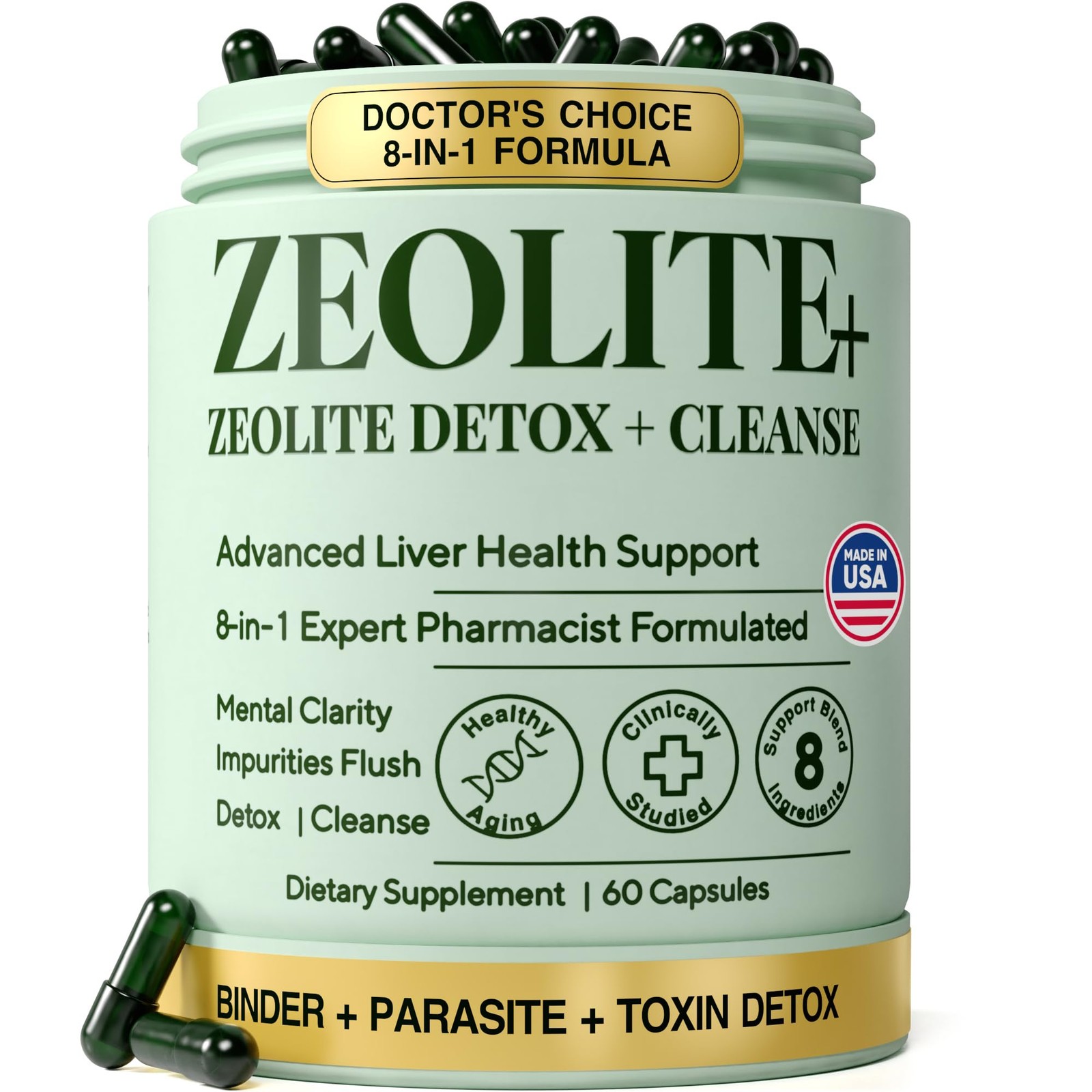Zeolite Binder Detox – Parasite Cleanse for Humans 60 Count (Pack of 1), Blue